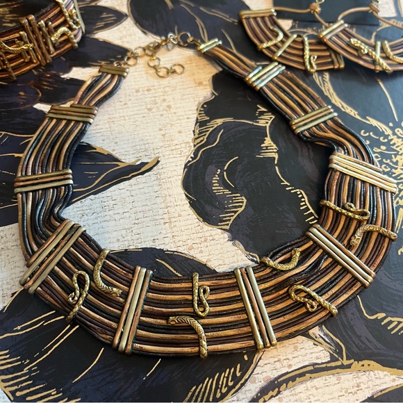 Vintage Tribal Mixed Metal Leather Egyptian Revival Necklace Jewelry Set C2 - Picture 1 of 16